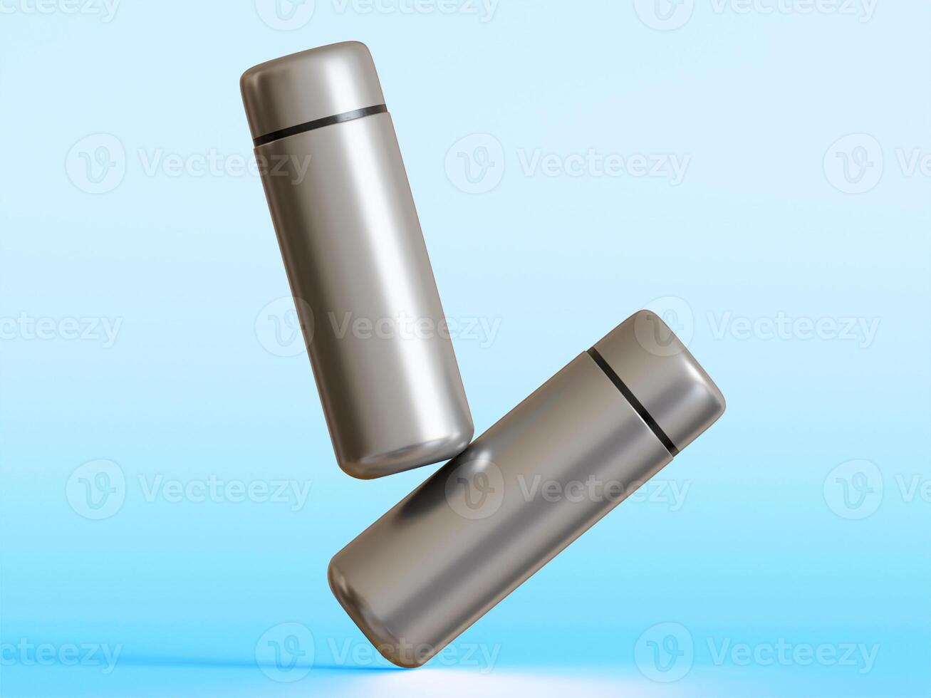 three stainless steel mini water bottles standing on bright blue gradient background soft shadows photo