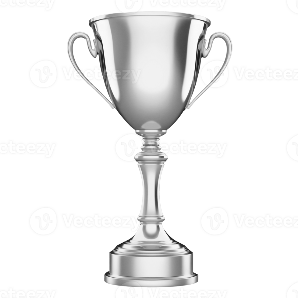 A silver trophy with two handles stands on a transparent background. png