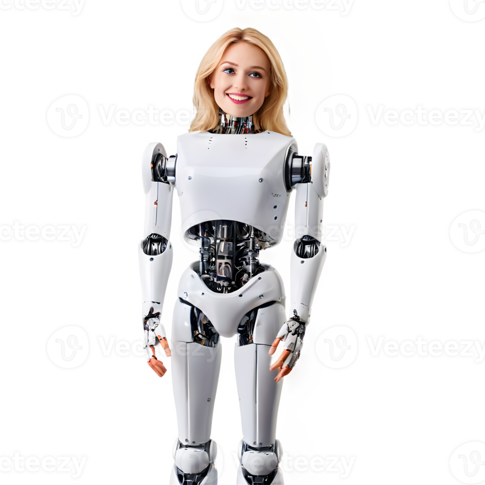 Blondy Woman metal robot cyborg courier isolated on transparency png