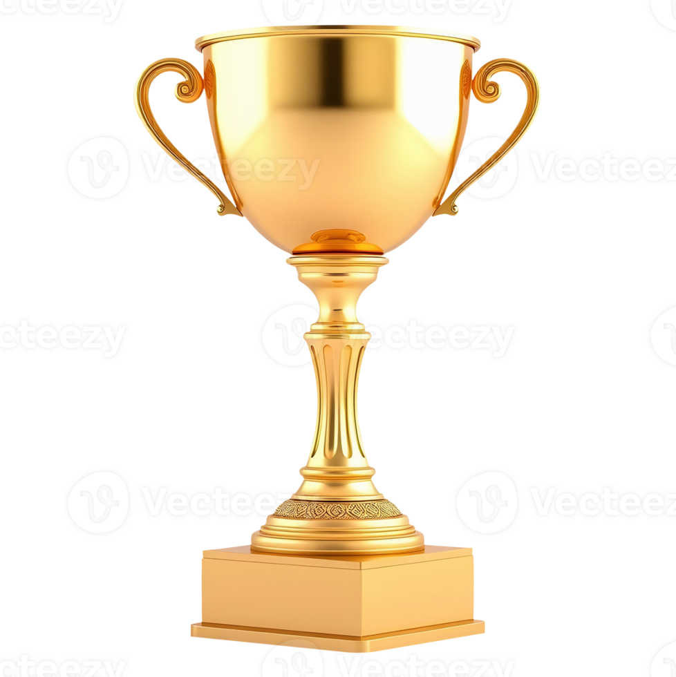 A gleaming gold trophy sits on a square base. png