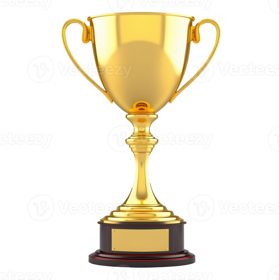 A gold trophy with two handles sits on a dark base. png