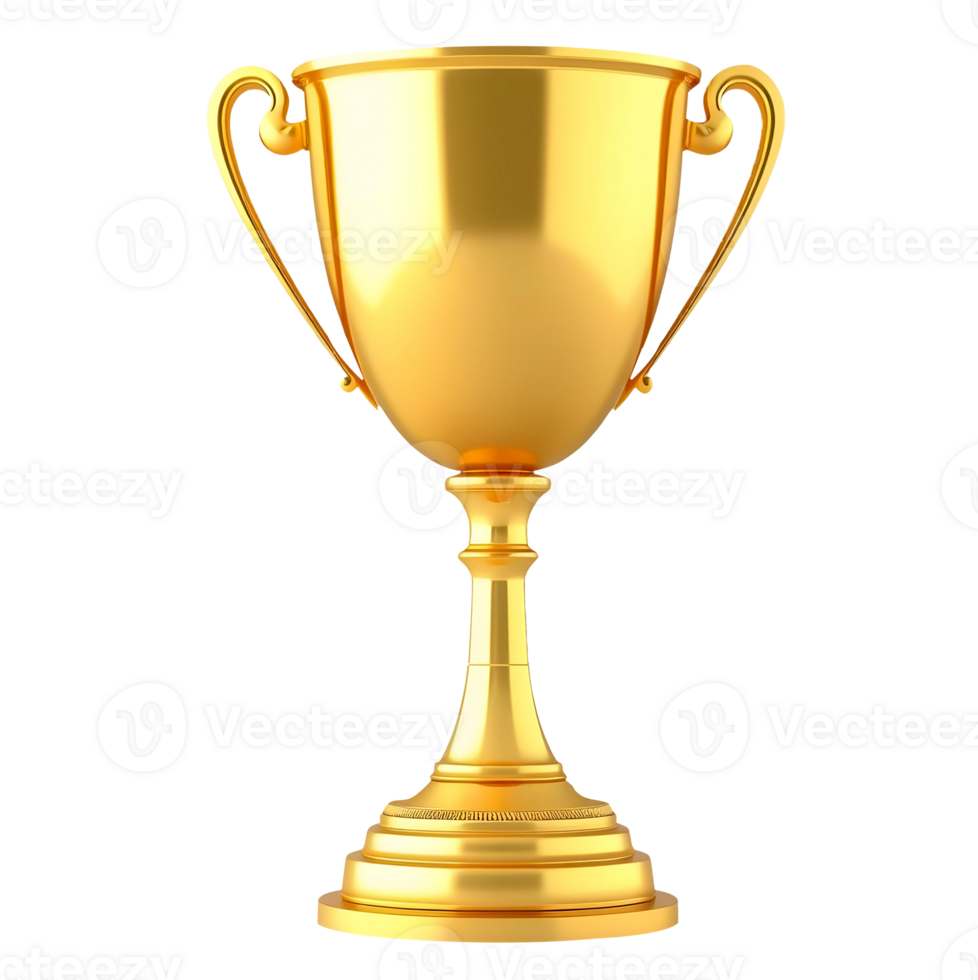 A gleaming golden trophy with two handles stands against a transparent background. png