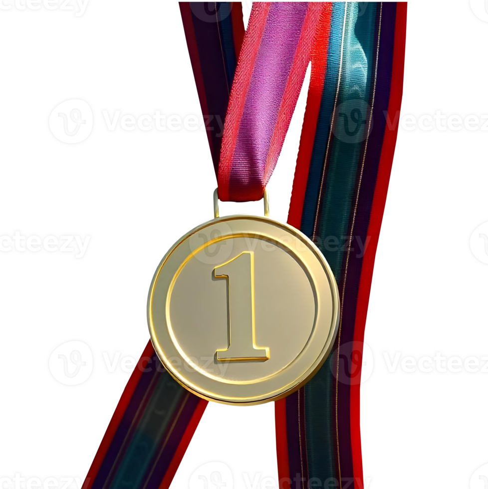 A gold medal with the number one on it hangs from a colorful ribbon. png