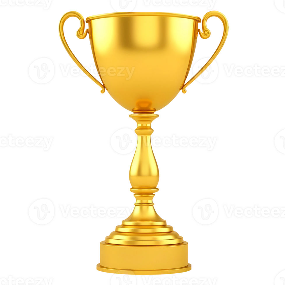 A gleaming golden trophy with two handles stands on a transparent background. png