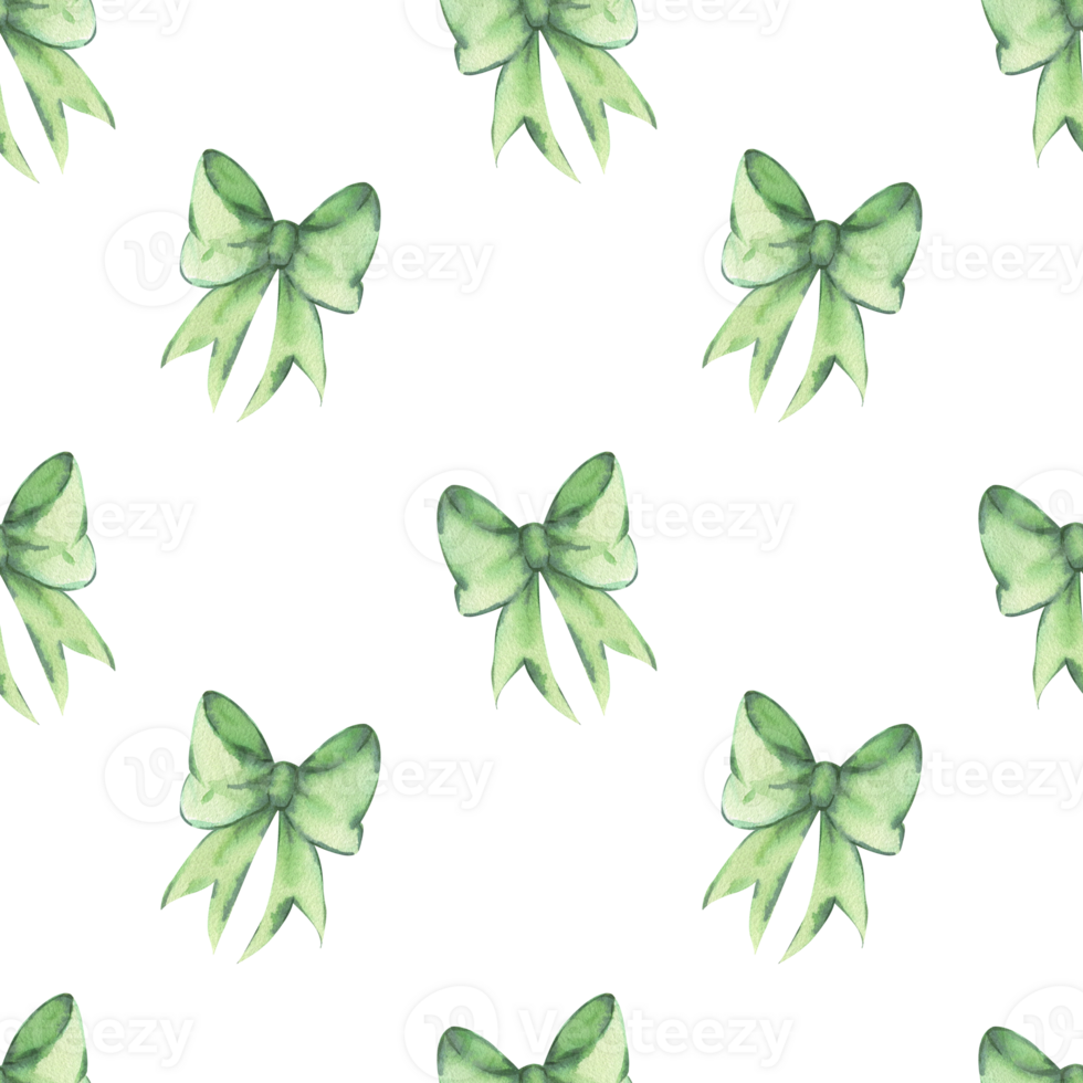 Watercolor seamless pattern with green ribbon bows. Hand drawn print with green, emerald fabric bow. Festive design for background, wallpaper, wrapping paper. Cute style png