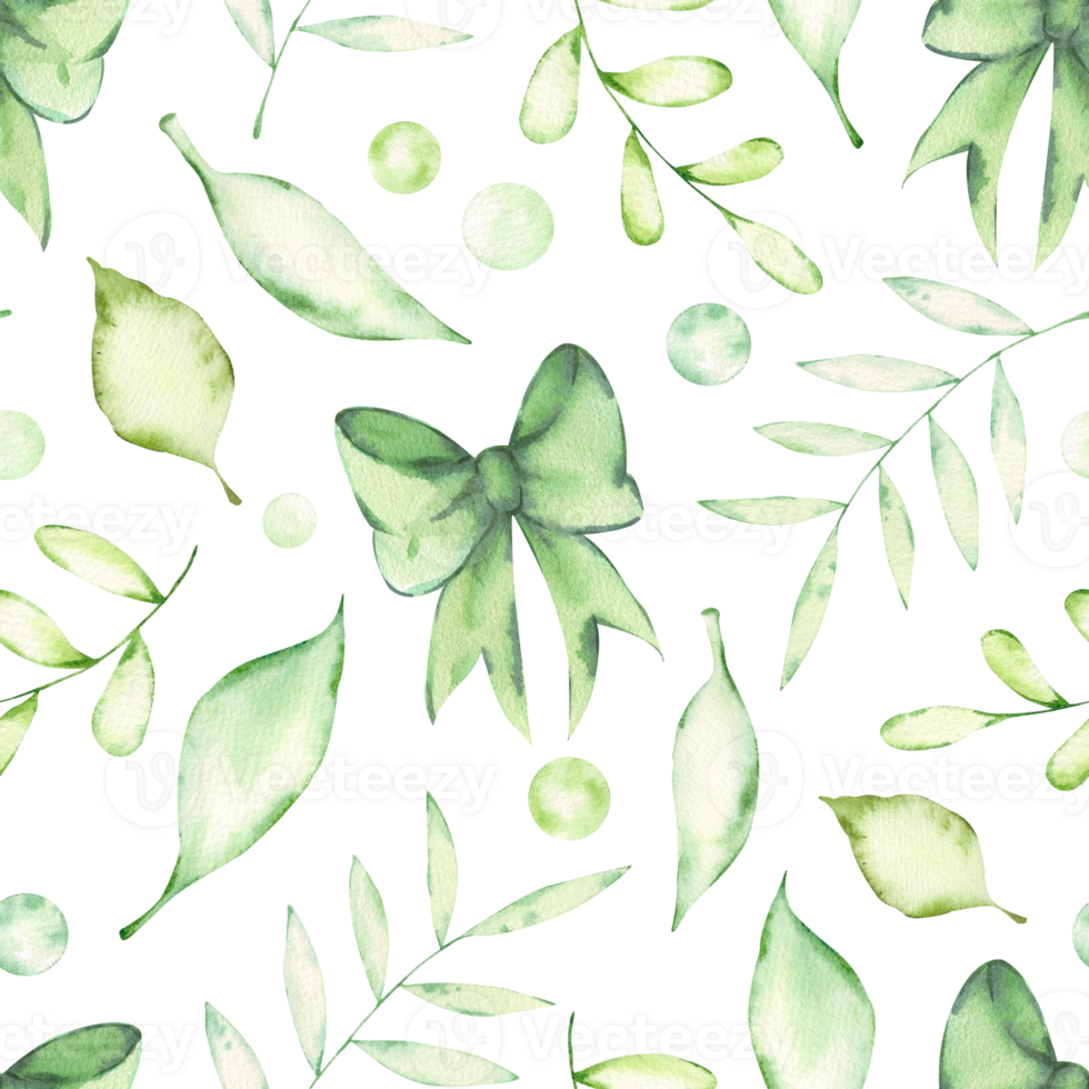 Watercolor seamless pattern with green bows and branches with leaves. Hand-drawn print with fresh greenery, spring leaves and ribbon bow. Design and decoration of wrapping paper, background. png