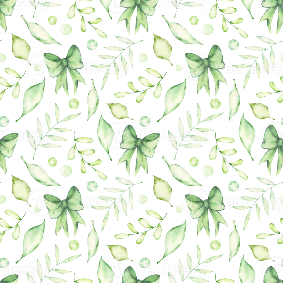 Watercolor seamless pattern with green bows and branches with leaves. Hand-drawn print with fresh greenery, spring leaves and ribbon bow. Design and decoration of wrapping paper, background png
