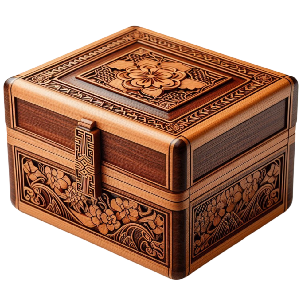 Carved Wooden Storage Box with Lid png