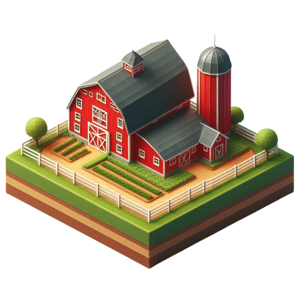 Isometric Red Barn with Silo and Crops png