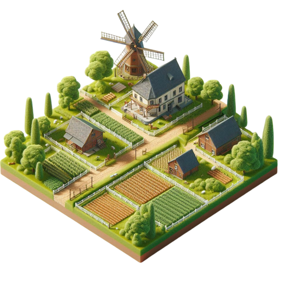 Isometric Green Farm with Windmill and Fields png