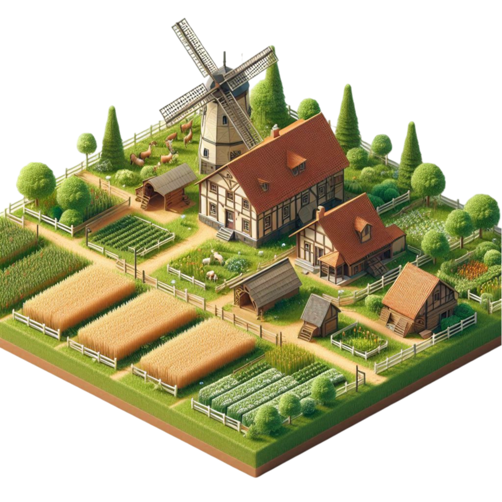 Isometric Farmhouse with Windmill and Crops png