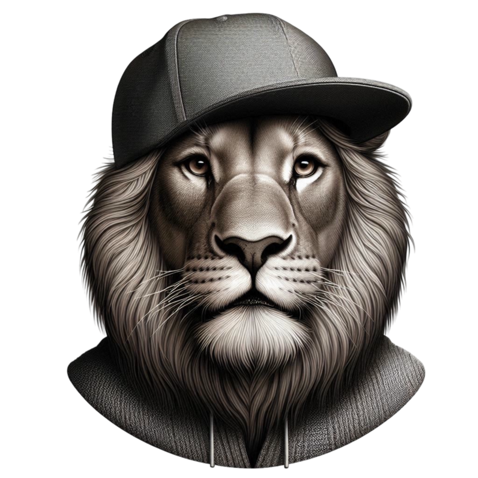 Cool Lion in Cap Black and White png