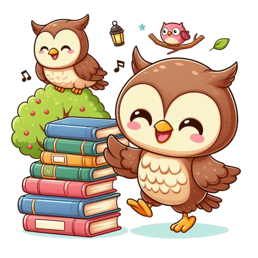 Cute Owl with Books and Glasses png