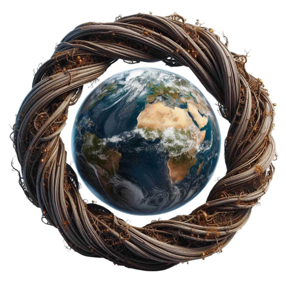 Earth with Interwoven Tree Roots and Blossoms png