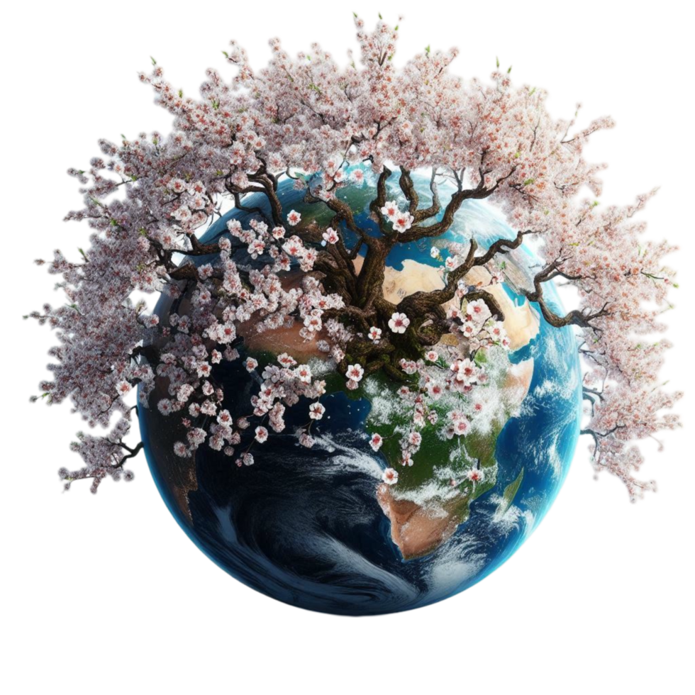 Earth Surrounded by Blooming Sakura Trees png