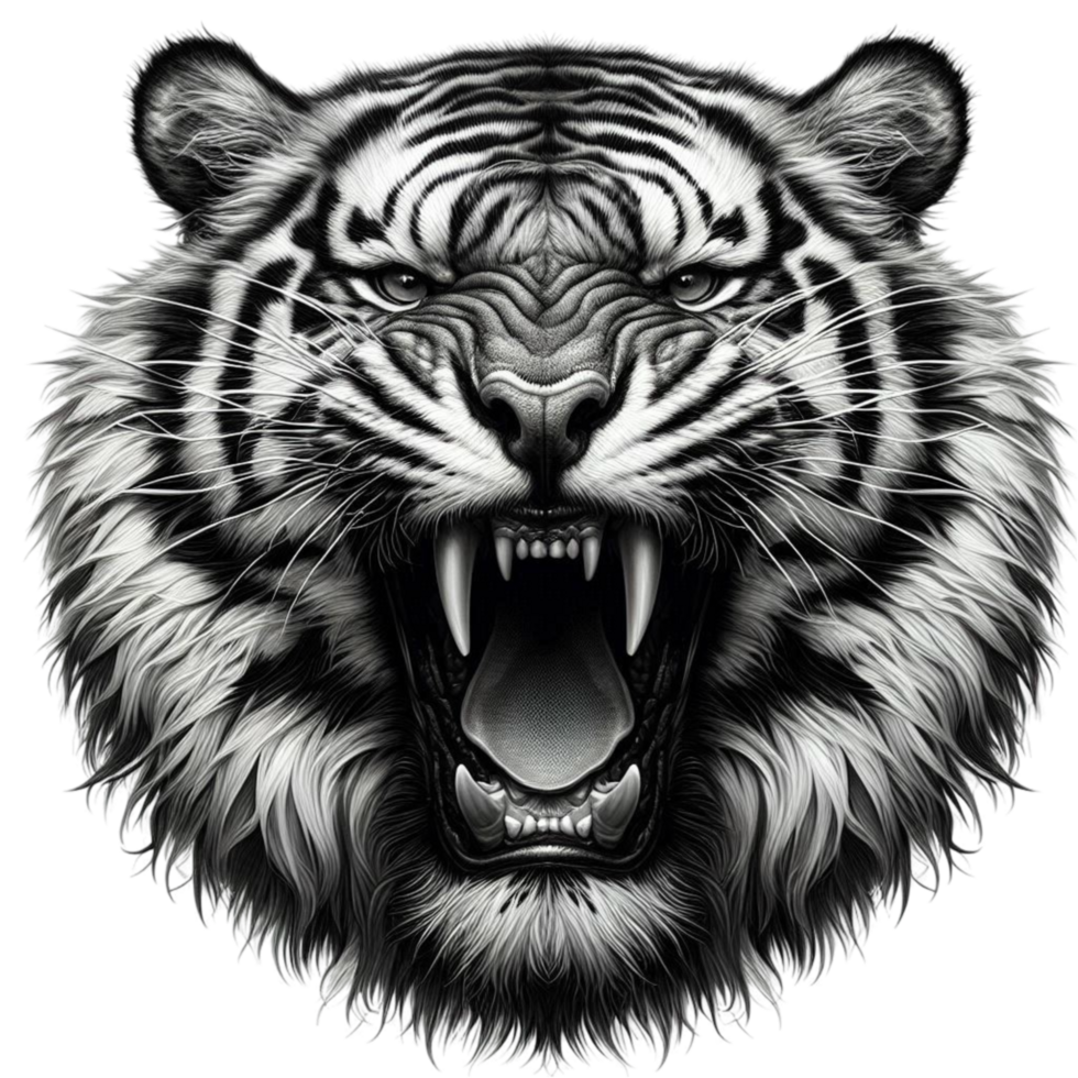 Black and White Roaring Tiger with Intense Look png