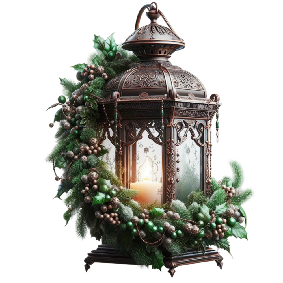 Rustic Bronze Lantern with Holiday Wreath png