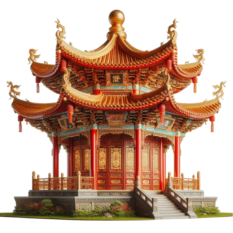 Traditional Chinese Pagoda with Red and Gold Accents png