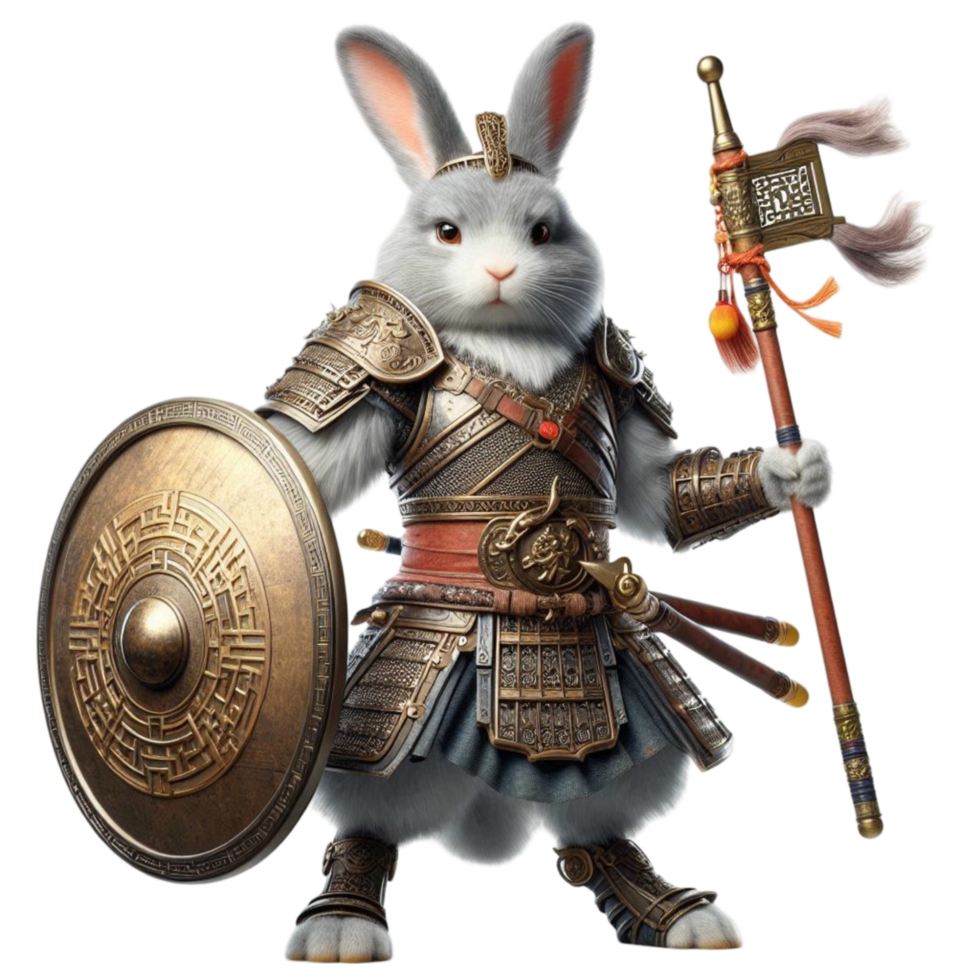 Warrior Rabbit with Shield and Spear in Battle Armor png