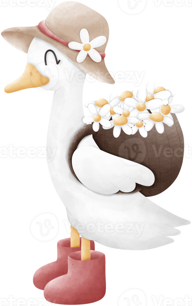 A cute white goose wears a hat with a flower and red boots. It carries a basket of white flowers on its back. The goose has a yellow beak and a curved black line for an eye. png