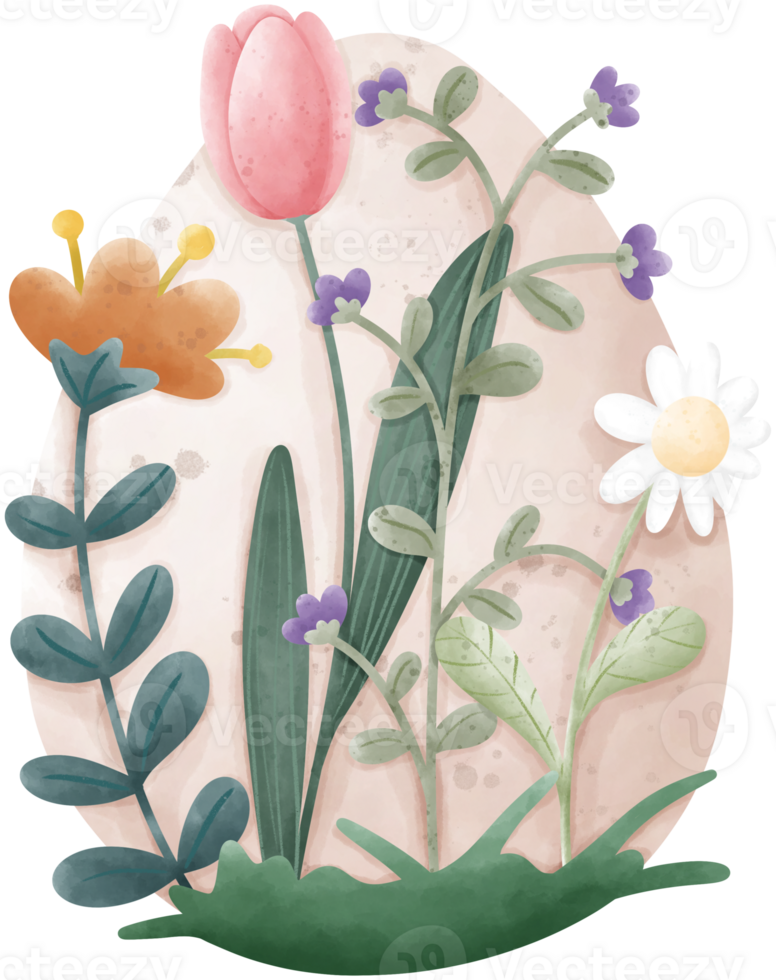The image shows a light pink egg with various flowers on a transparent background. png