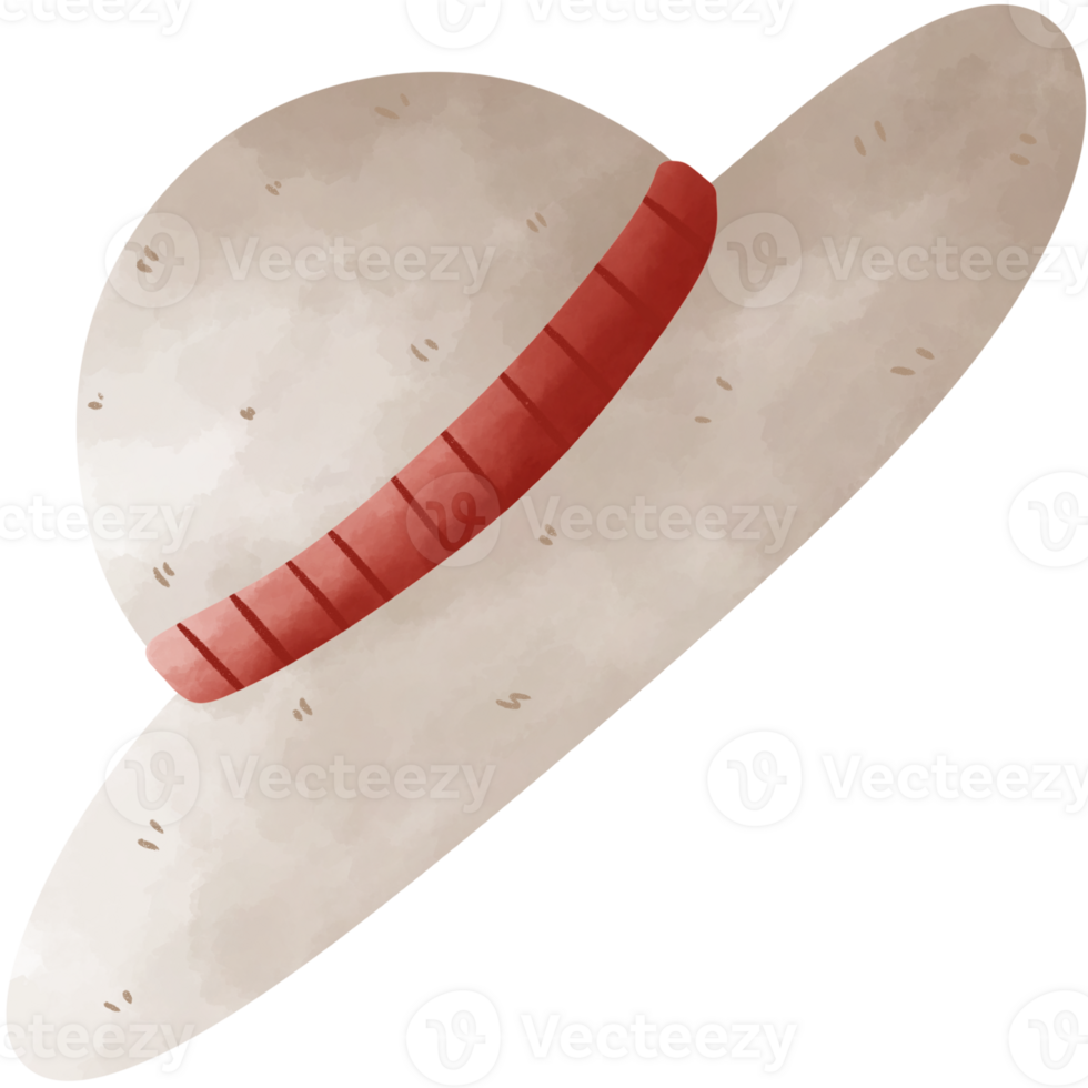 A watercolor illustration of a wide-brimmed hat with a red band. The hat is light-colored and has a slightly textured appearance. The band is thick and has a series of raised lines. png