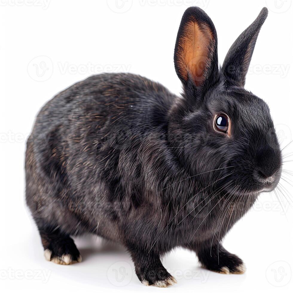 A black rabbit is standing in front of a white background photo