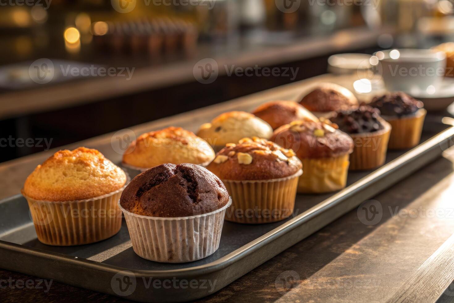 Muffins displayed on a tray in a cozy cafe during morning hours photo