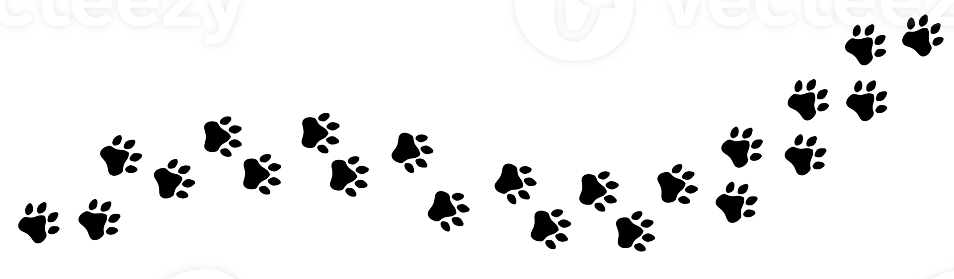 Isolated trail of black footprints, comics silhuoette shapes of a cat paw or a similar animal, going from the left to the right, horizontal orientation. png