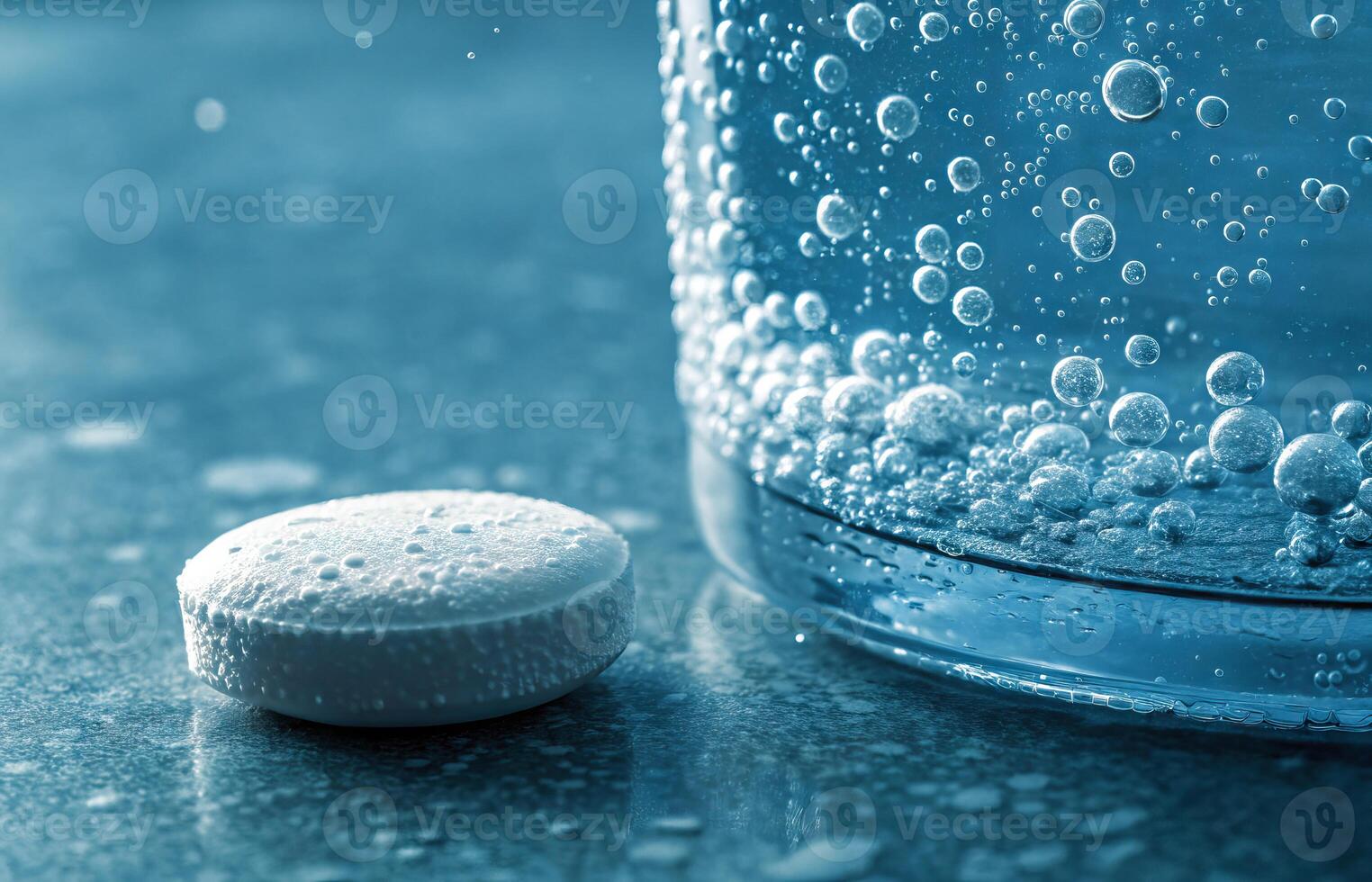 Effervescent tablet dissolving in a glass of water with bubbles forming photo