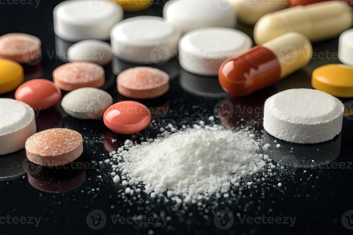 Various pharmaceutical tablets and powdered substances displayed on a reflective surface photo