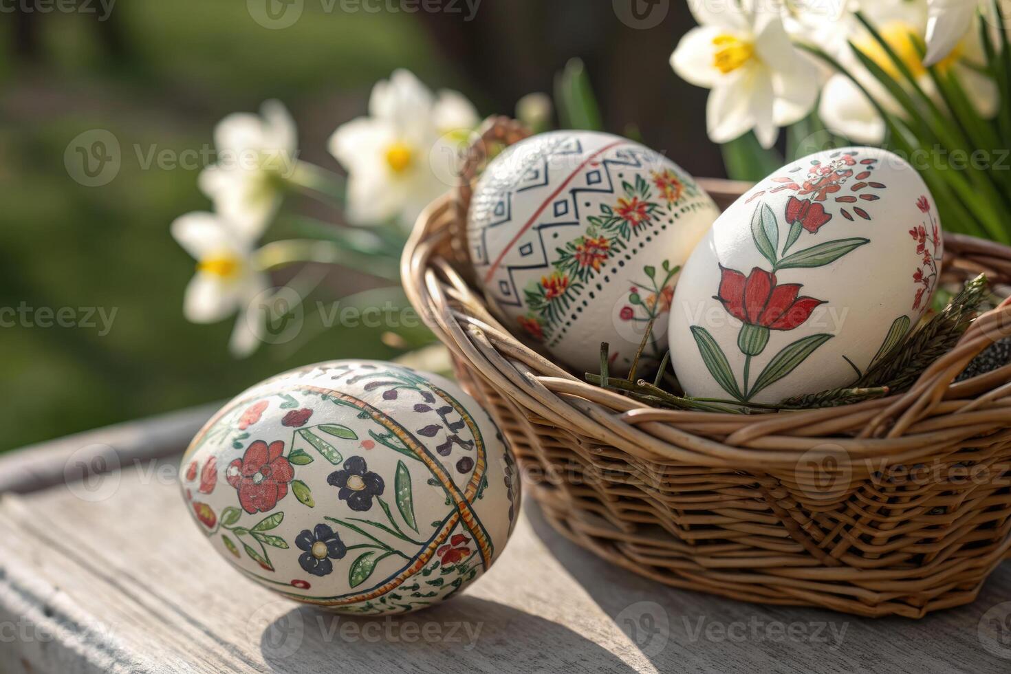 A delightful basket with hand-painted Easter eggs nestled among blooming daffodils in spring light. photo