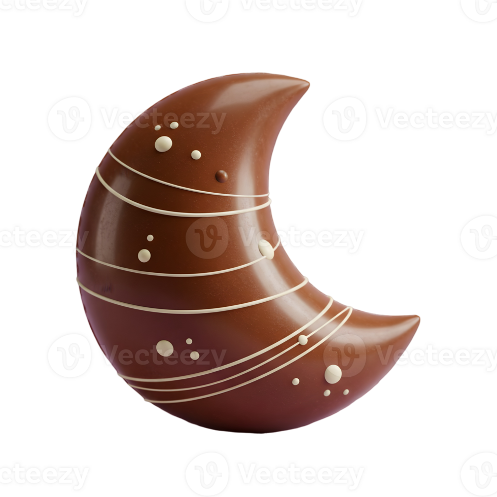 Glossy Chocolate Crescent Moon with White Chocolate Details Isolated on Transparent Background png