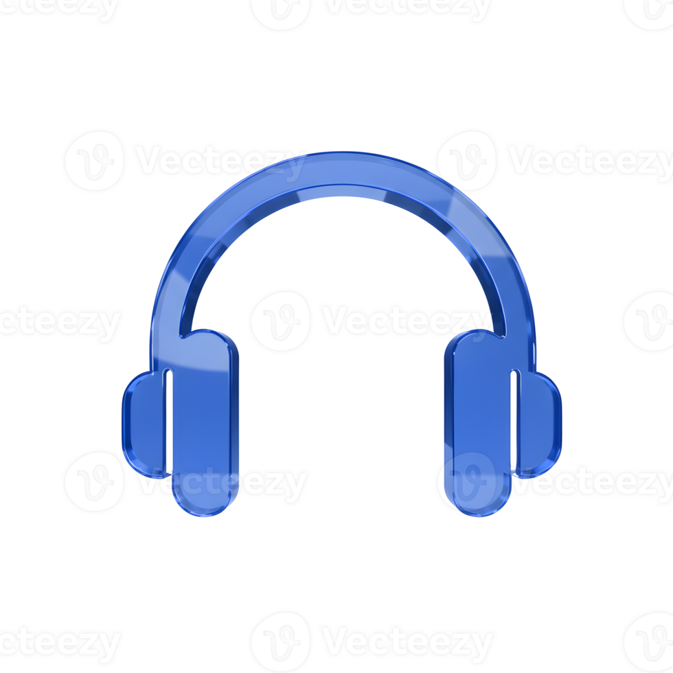 High-resolution 3D render of a blue glass headphones icon with a glossy, reflective surface, isolated on a transparent background, representing music, technology, and audio concepts png