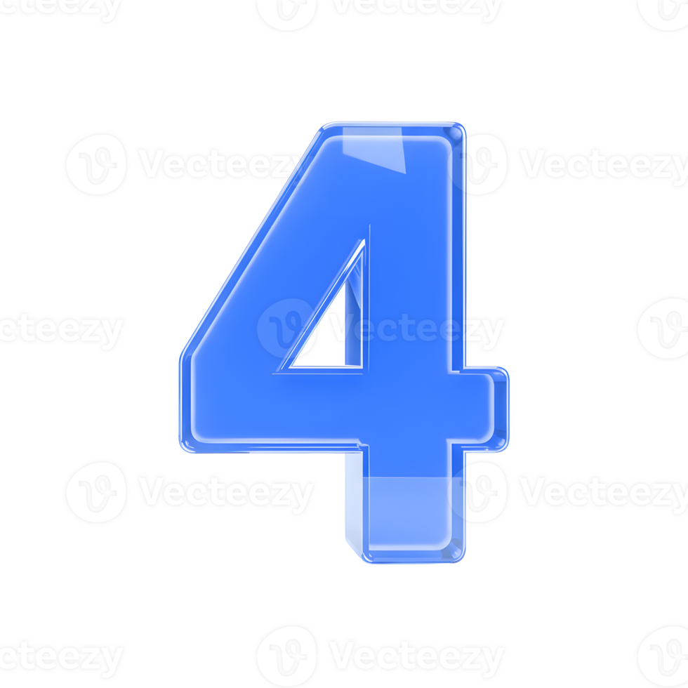 High-resolution 3D render of a blue glass number 4 with a glossy, reflective surface, isolated on a transparent background, representing numerals, modern design, and digital aesthetics png