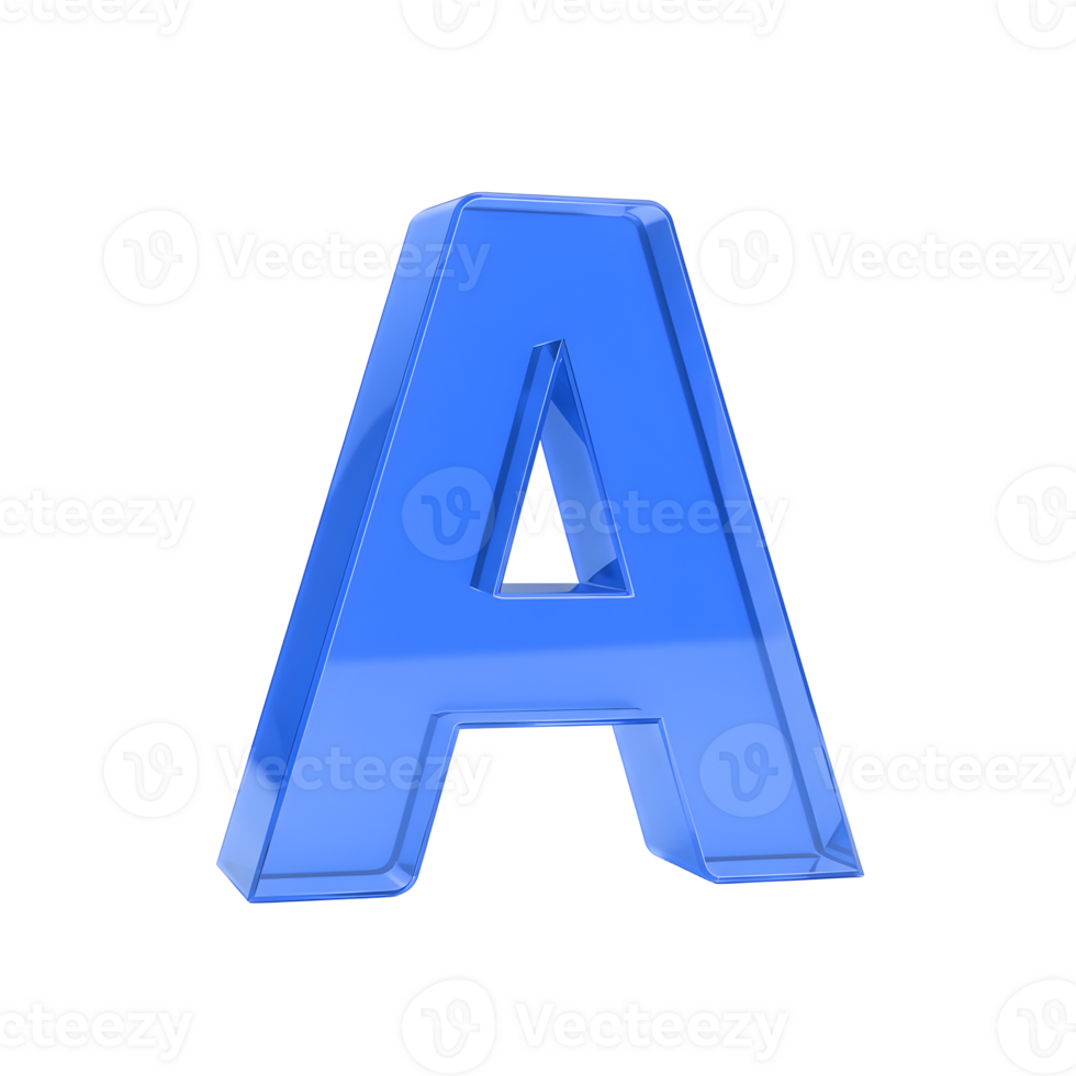 High-resolution 3D render of a blue glass letter A with a glossy, reflective surface, isolated on a transparent background, representing typography, modern design, and digital aesthetics png