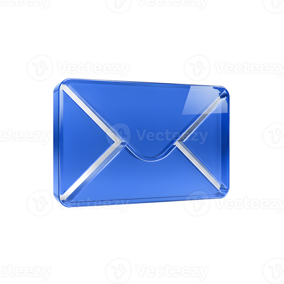 High-resolution 3D render of a blue glass envelope icon with a glossy, reflective surface, isolated on a transparent background, representing email, communication, and digital messaging png