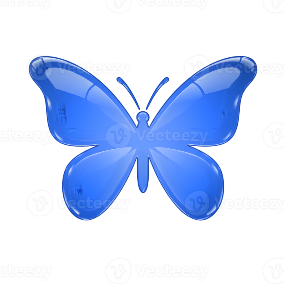 High-resolution 3D render of a blue glass butterfly with a glossy, reflective surface, isolated on a transparent background, symbolizing transformation, beauty, and elegance png