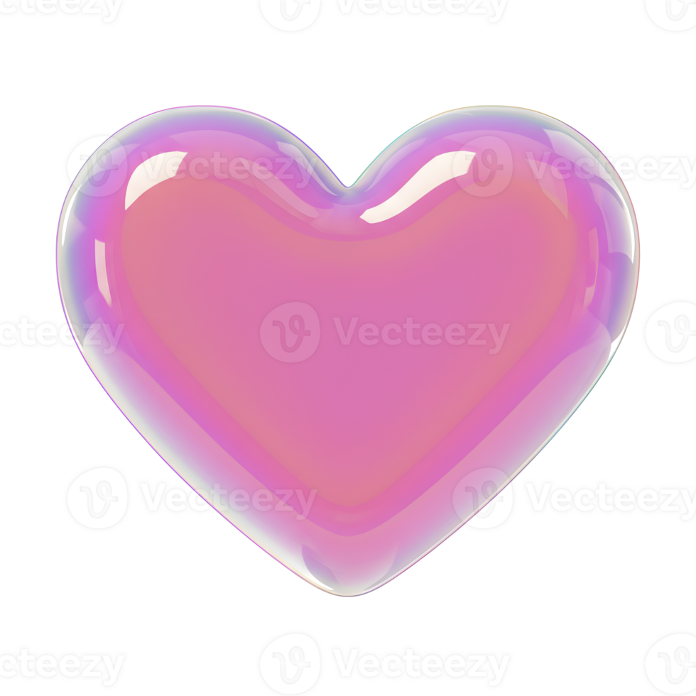 3D render of a pink iridescent glass heart with a glossy, reflective surface, isolated on a transparent background, symbolizing love, beauty, and modern aesthetics png