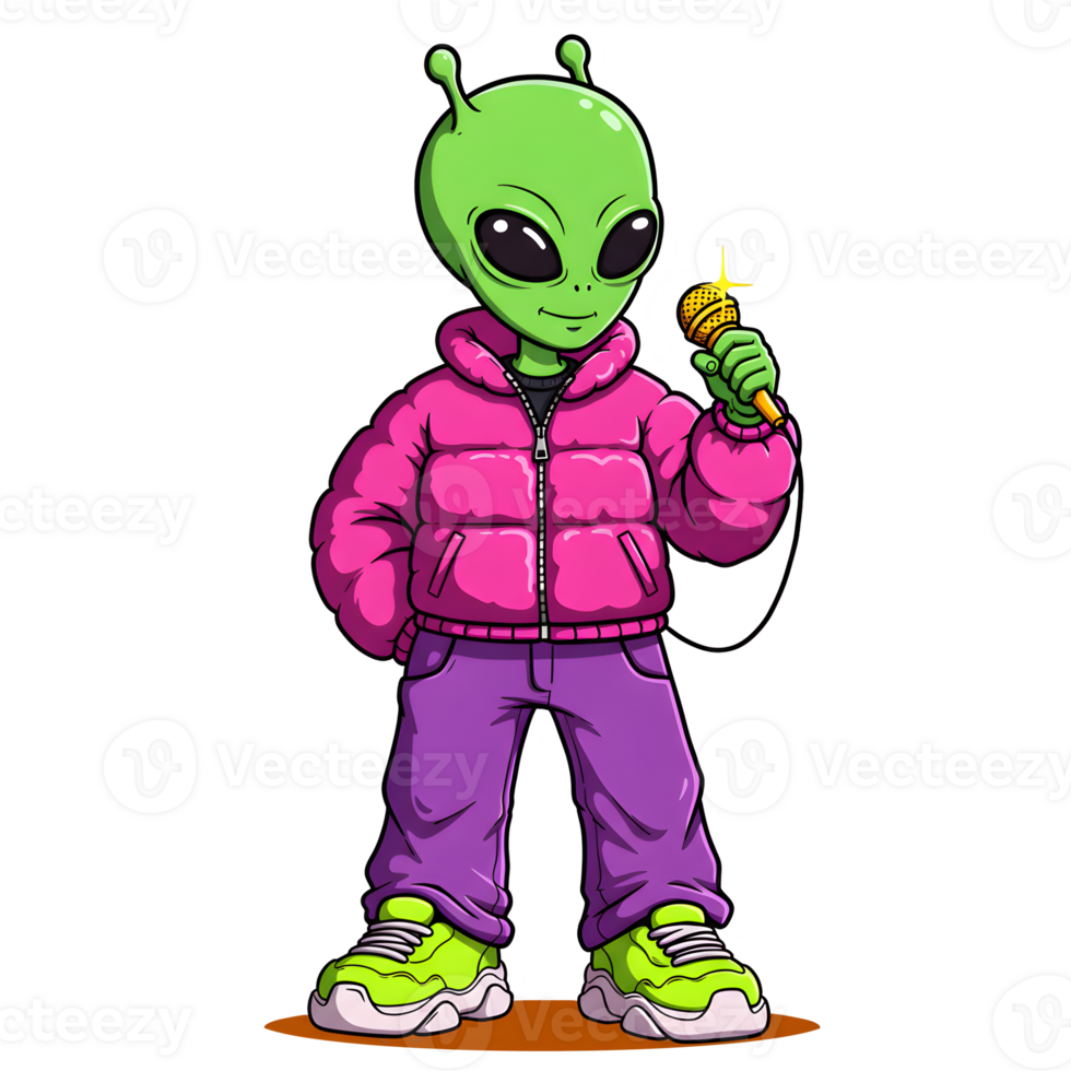 Cool Alien Rapper Holding a Golden Microphone, Cartoon Hip-Hop Character isolated on transparent background png