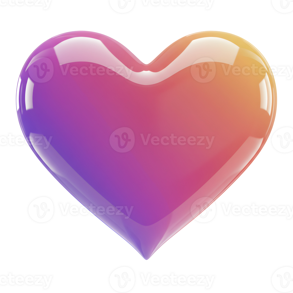 3D render of a glass heart with a glossy, reflective surface and gradient color transition from purple to orange, isolated on transparent background, symbolizing love, passion, and modern aesthetics png