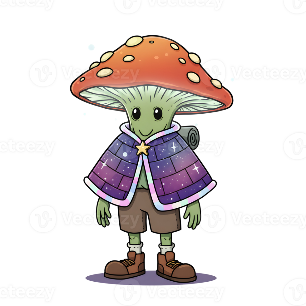 Magical Mushroom Humanoid with a Cosmic Cape, Fantasy Cartoon Character, isolated on transparent background png