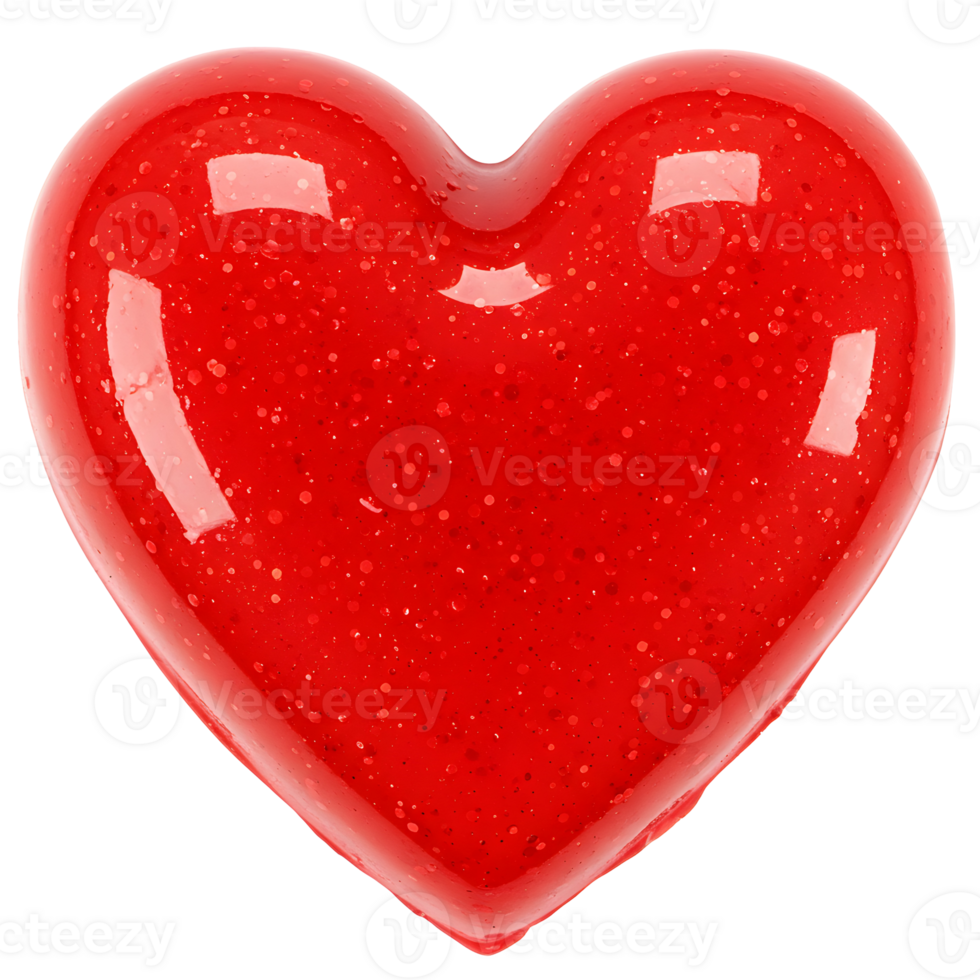 3D render of a red glass heart with a glossy, reflective surface and embedded glitter particles, isolated on a transparent background, symbolizing love, passion, and romance png