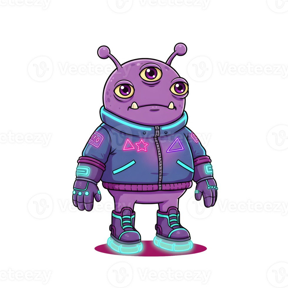 Cool Three-Eyed Alien in a Neon Cyberpunk Jacket, Sci-Fi Cartoon Character isolated on transparent background png