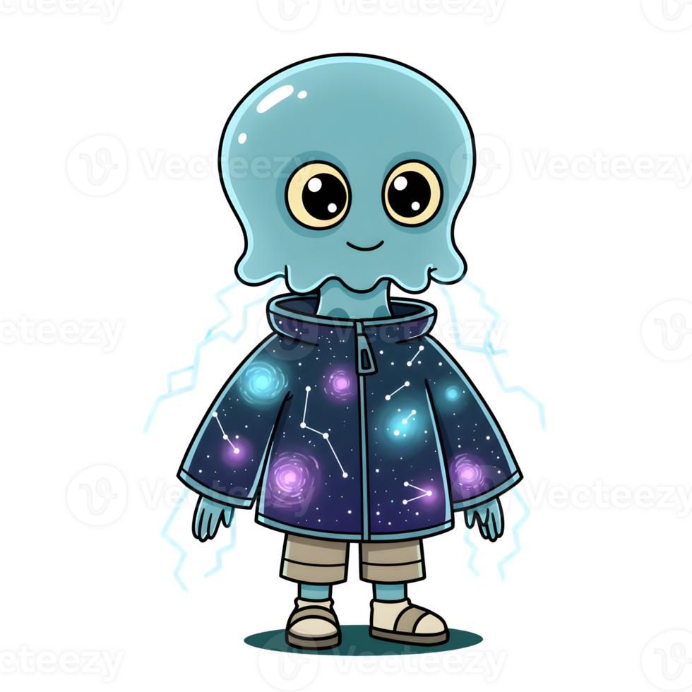 Adorable Jellyfish Alien in a Galaxy-Themed Jacket, Cute Sci-Fi Illustration, isolated on transparent background png