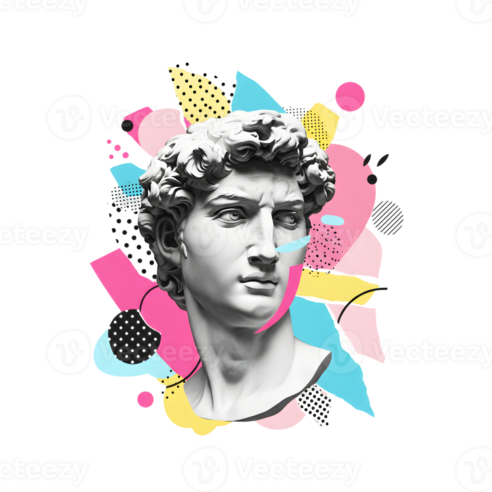 Digital Illustration of a Marble Bust with Pop Art Abstract Shapes and Modern Aesthetic, Surreal Pop Art Collage png
