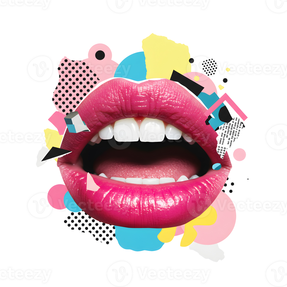Contemporary Pop Art Style Digital Collage Featuring Glossy Pink Lips and Playful Geometric Shapes, Surreal Pop Art Collage png