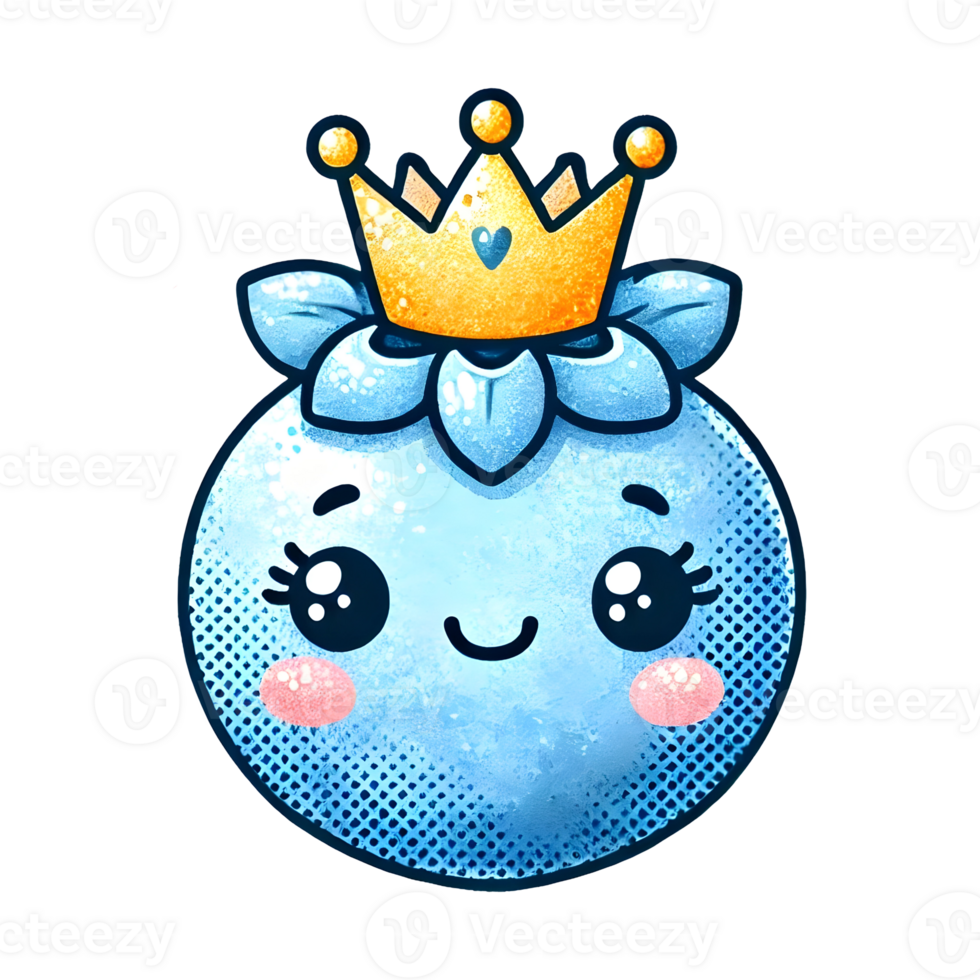 Adorable Kawaii Blueberry with a Golden Crown, Cute Cartoon Illustration png