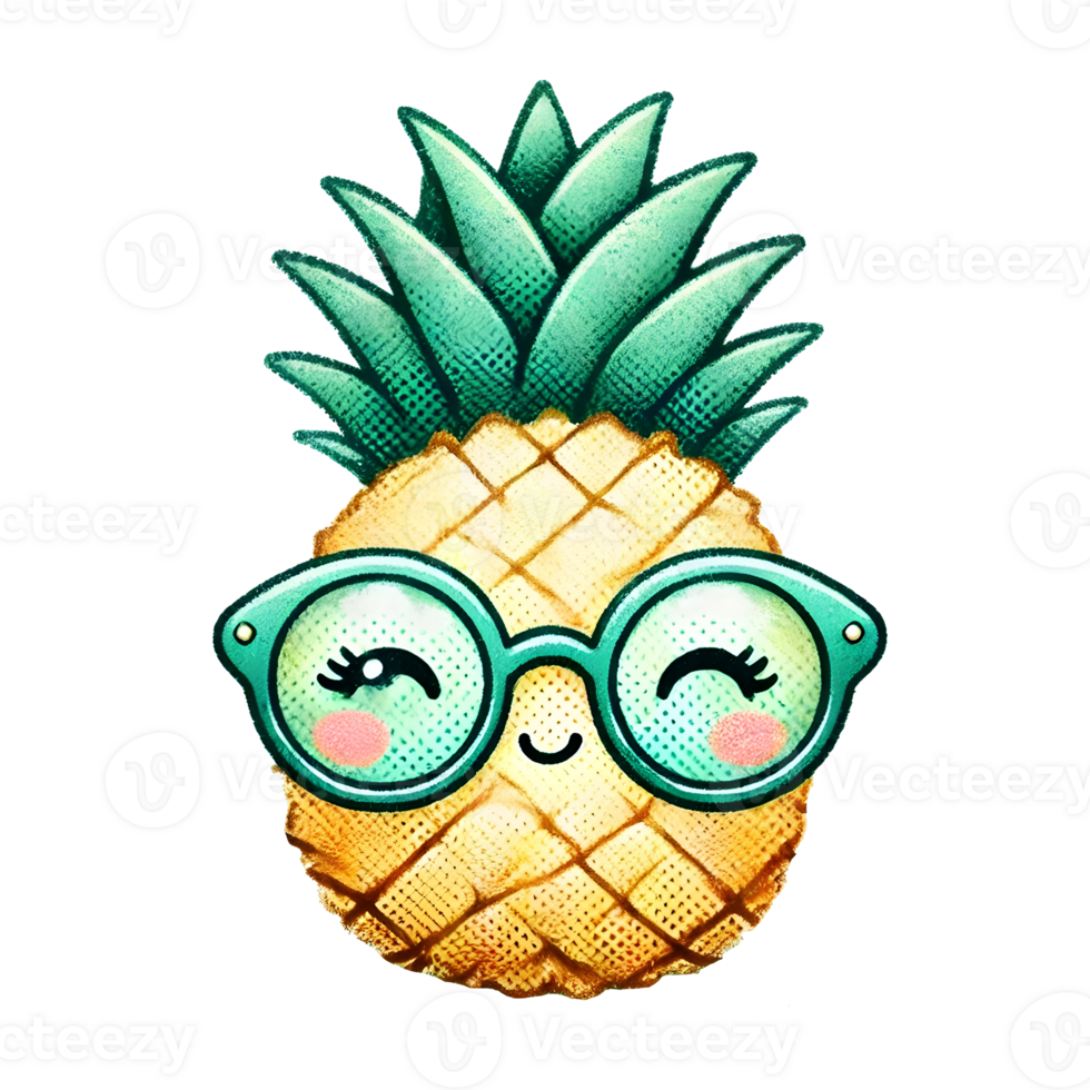 Adorable Kawaii Pineapple Wearing Green Glasses, Cute Cartoon Illustration png