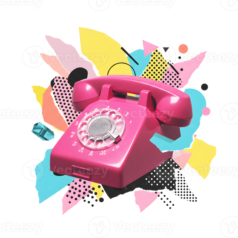 Digital Illustration of a Retro Pink Rotary Dial Phone Surrounded by Abstract Pop Art Shapes, Surreal Pop Art Collage png